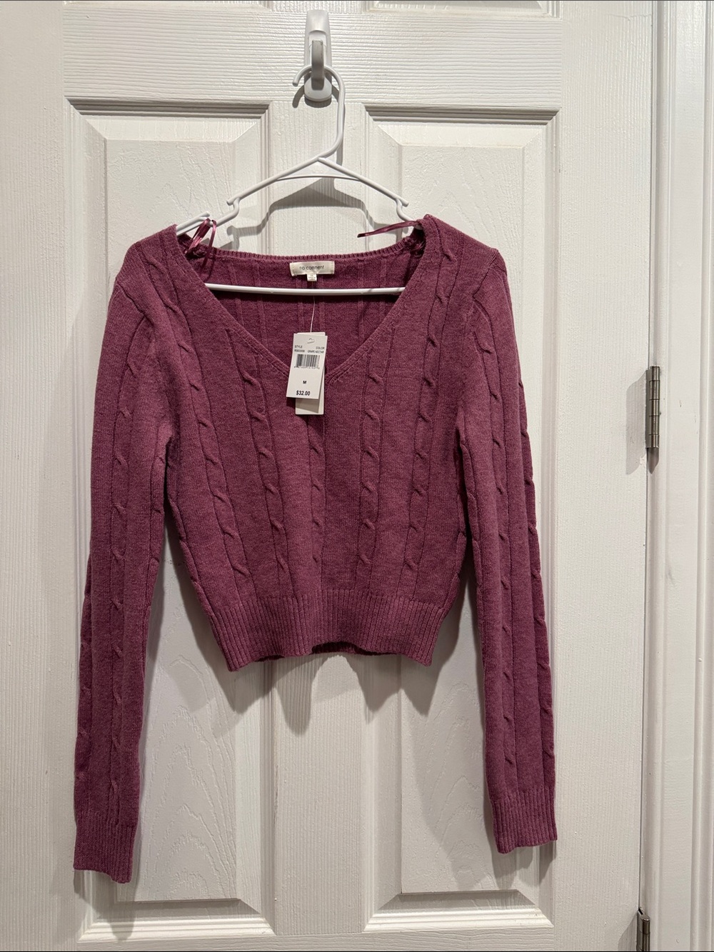 Cable-Knit V-Neck Sweater in Mauve Pink